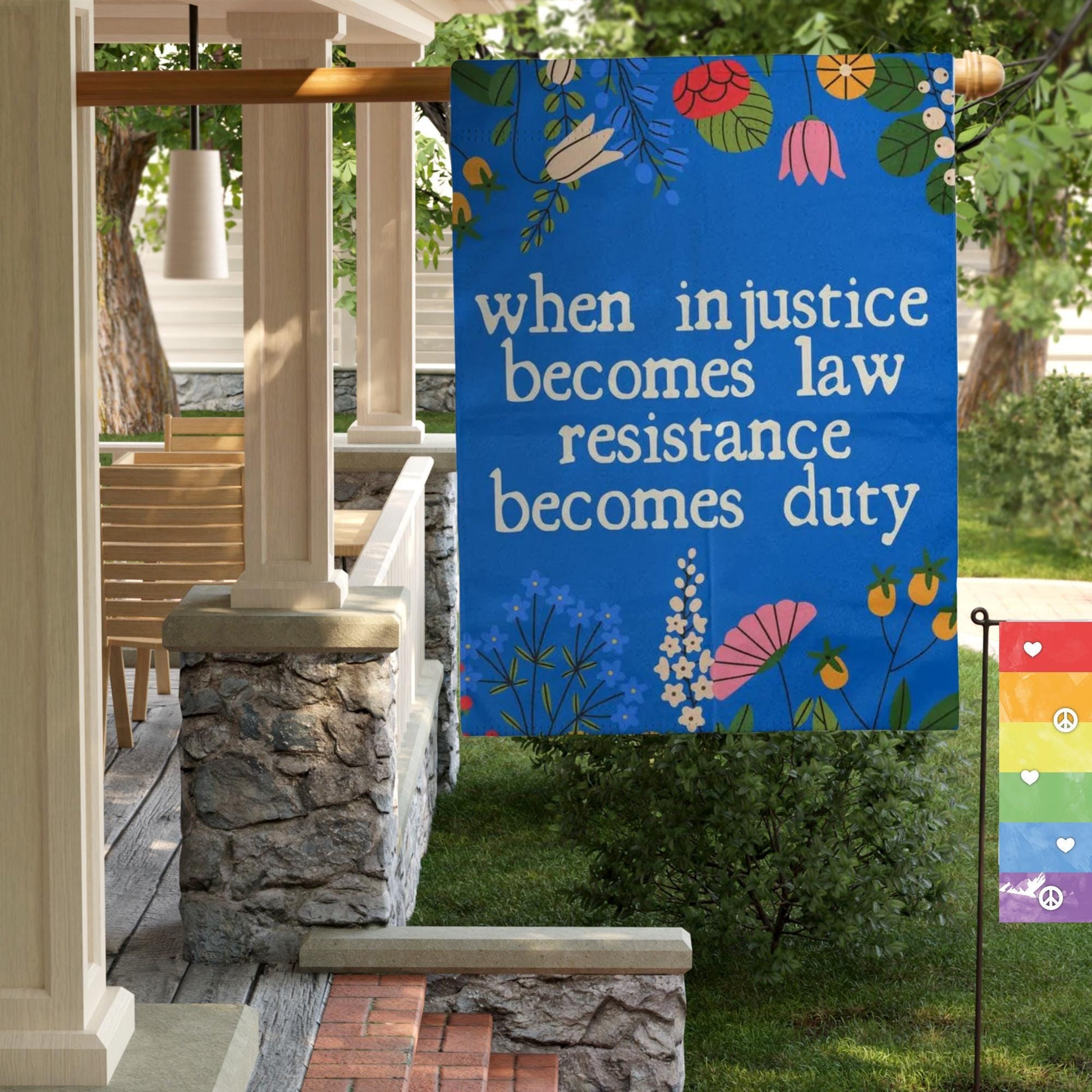 when injustice becomes law resistance becomes duty flag, hands off protest sign, indivisible banner, we dissent house sign, subtle FDT