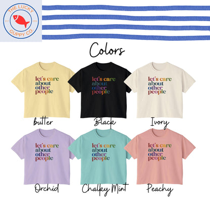 lets care about other people rainbow retro womens boxy tshirt, raise them kind, practice radical empathy, make america kind again, be nice