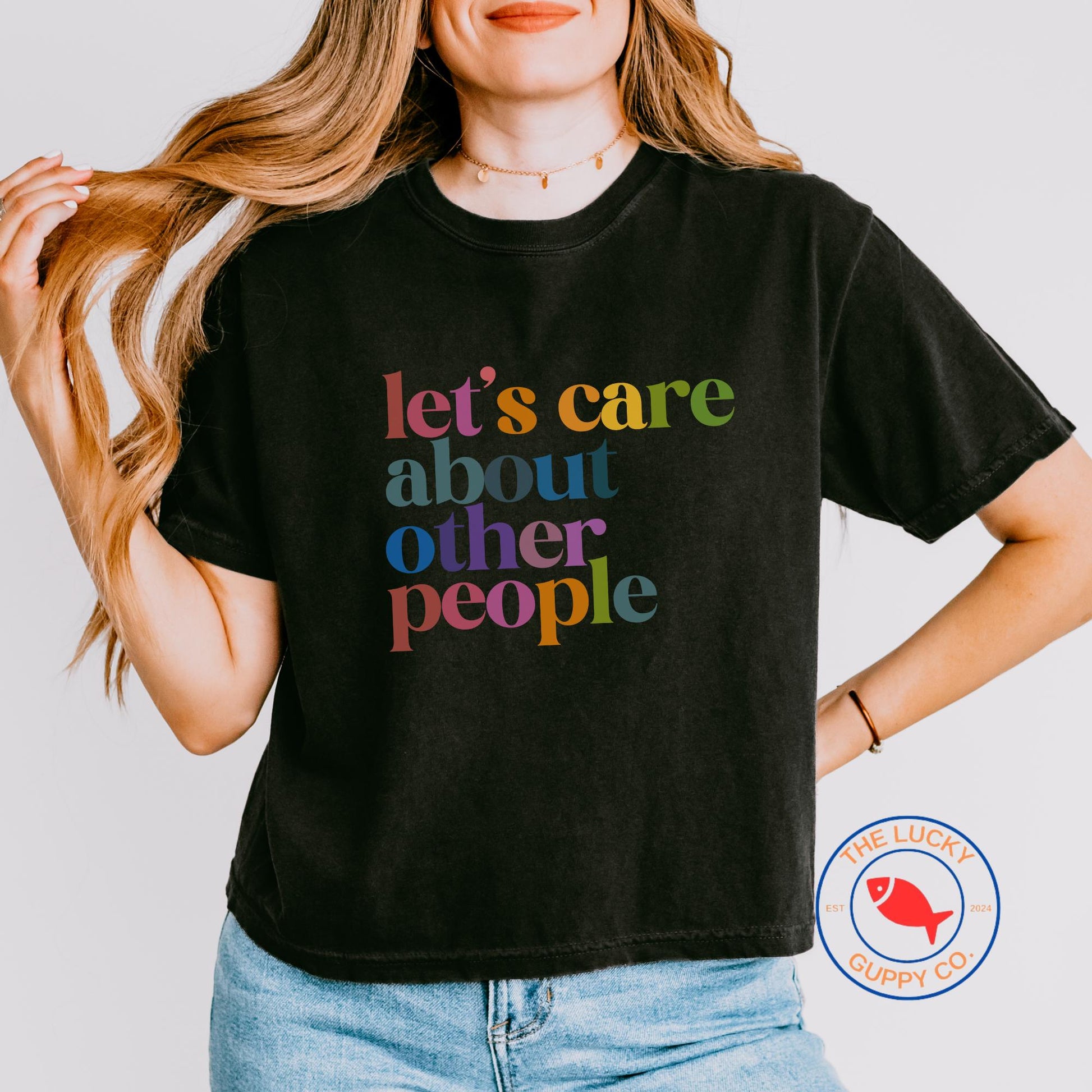 lets care about other people rainbow retro womens boxy tshirt, raise them kind, practice radical empathy, make america kind again, be nice