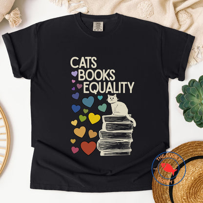 cats books equality tshirt, read banned books and fight the patriarchy shirt, support public libraries, miserable childless cat lady tee
