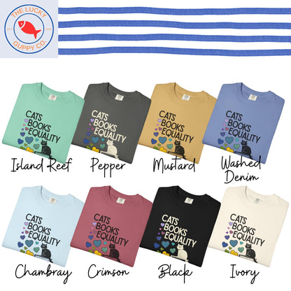cats books equality tshirt, read banned books and fight the patriarchy shirt, support public libraries, miserable childless cat lady tee