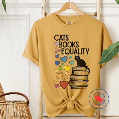 cats books equality tshirt, read banned books and fight the patriarchy shirt, support public libraries, miserable childless cat lady tee