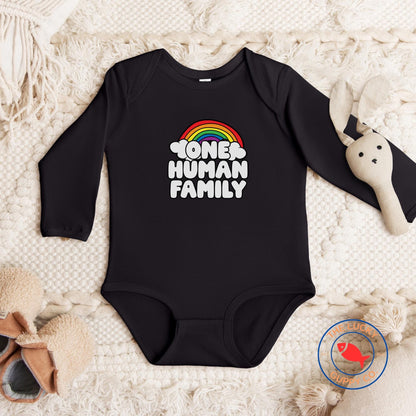 one human family infant bodysuit, raise them kind, support your fruity friends, pride month parade, defend equality, raise kind humans tee