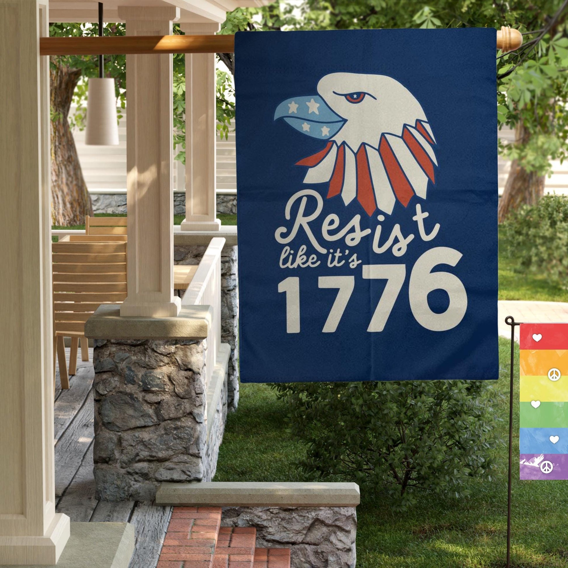 resist like it's 1776 independence day flag, progressive Fourth of July, stars stripes and human rights, with liberty and justice for all