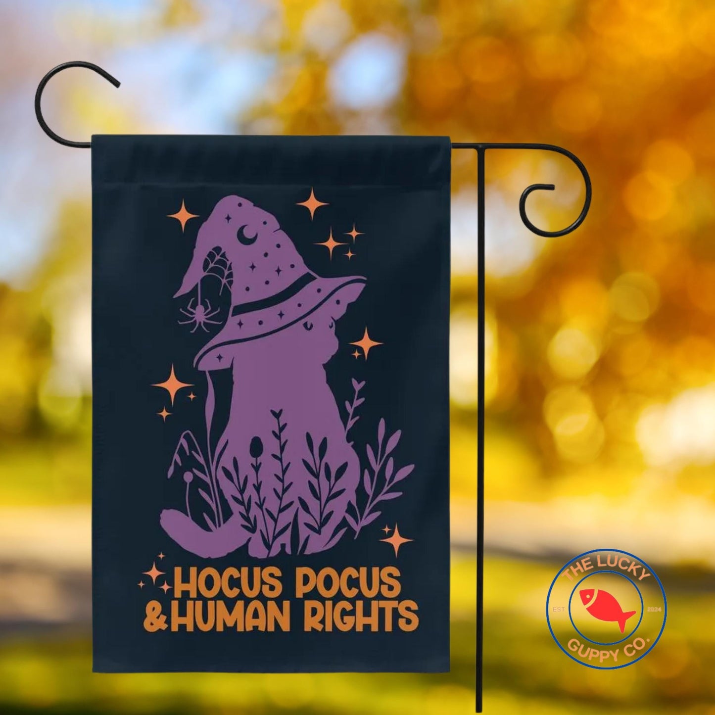 Hocus Pocus and Human Rights Garden Flag, Spooky Liberal Witch, Hex the Patriarchy, Childless Cat Lady Halloween Flag, Defend Equality Sign