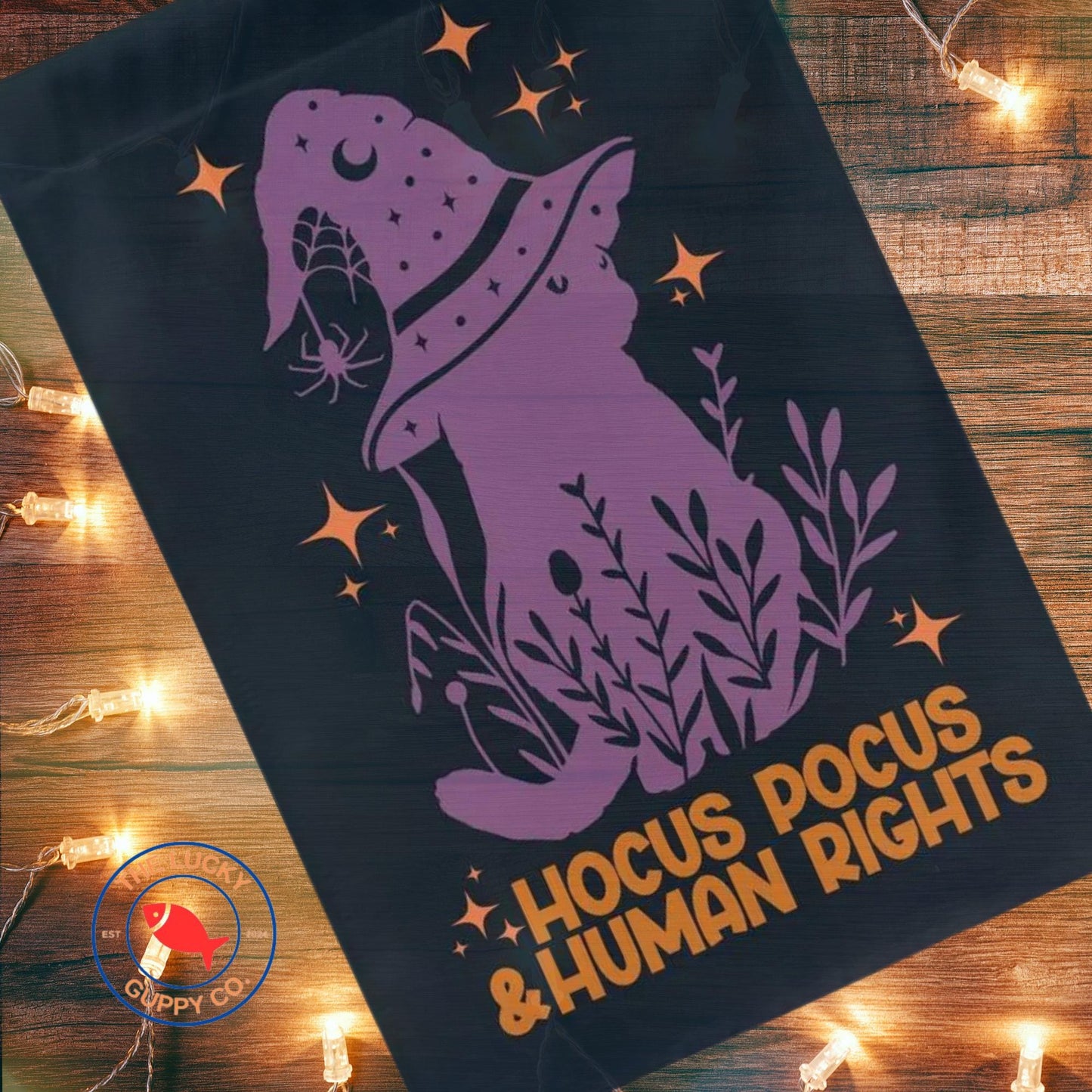 Hocus Pocus and Human Rights Garden Flag, Spooky Liberal Witch, Hex the Patriarchy, Childless Cat Lady Halloween Flag, Defend Equality Sign
