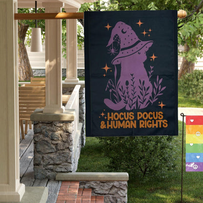 Hocus Pocus and Human Rights Garden Flag, Spooky Liberal Witch, Hex the Patriarchy, Childless Cat Lady Halloween Flag, Defend Equality Sign