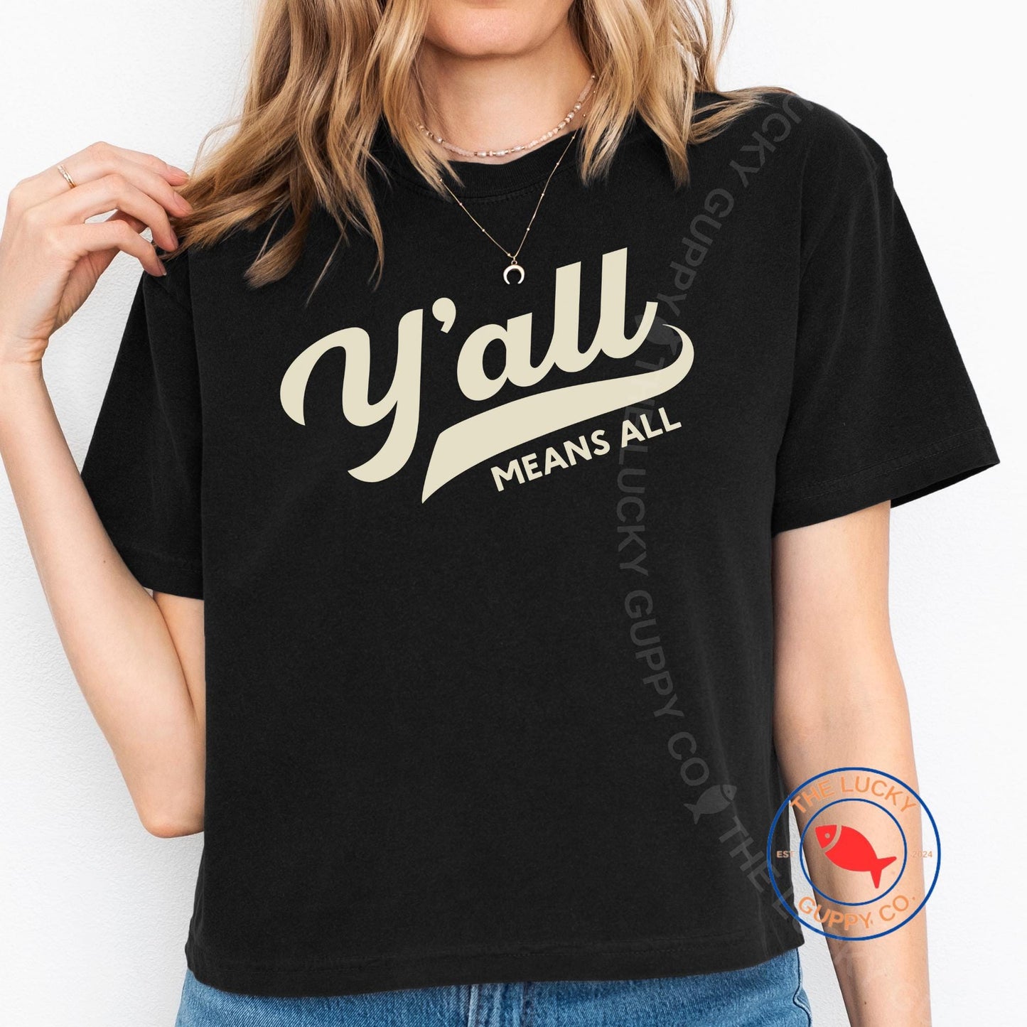 y'all means all womens boxy crop tshirt, blue dot red state sign, southern liberal tshirt, Jesus was woke, Jesus was liberal, Texas democrat