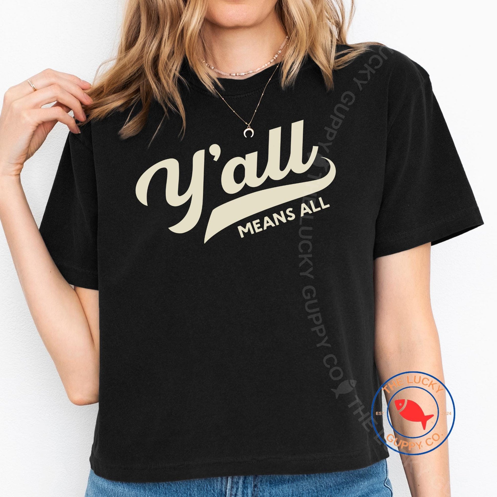 y'all means all womens boxy crop tshirt, blue dot red state sign, southern liberal tshirt, Jesus was woke, Jesus was liberal, Texas democrat