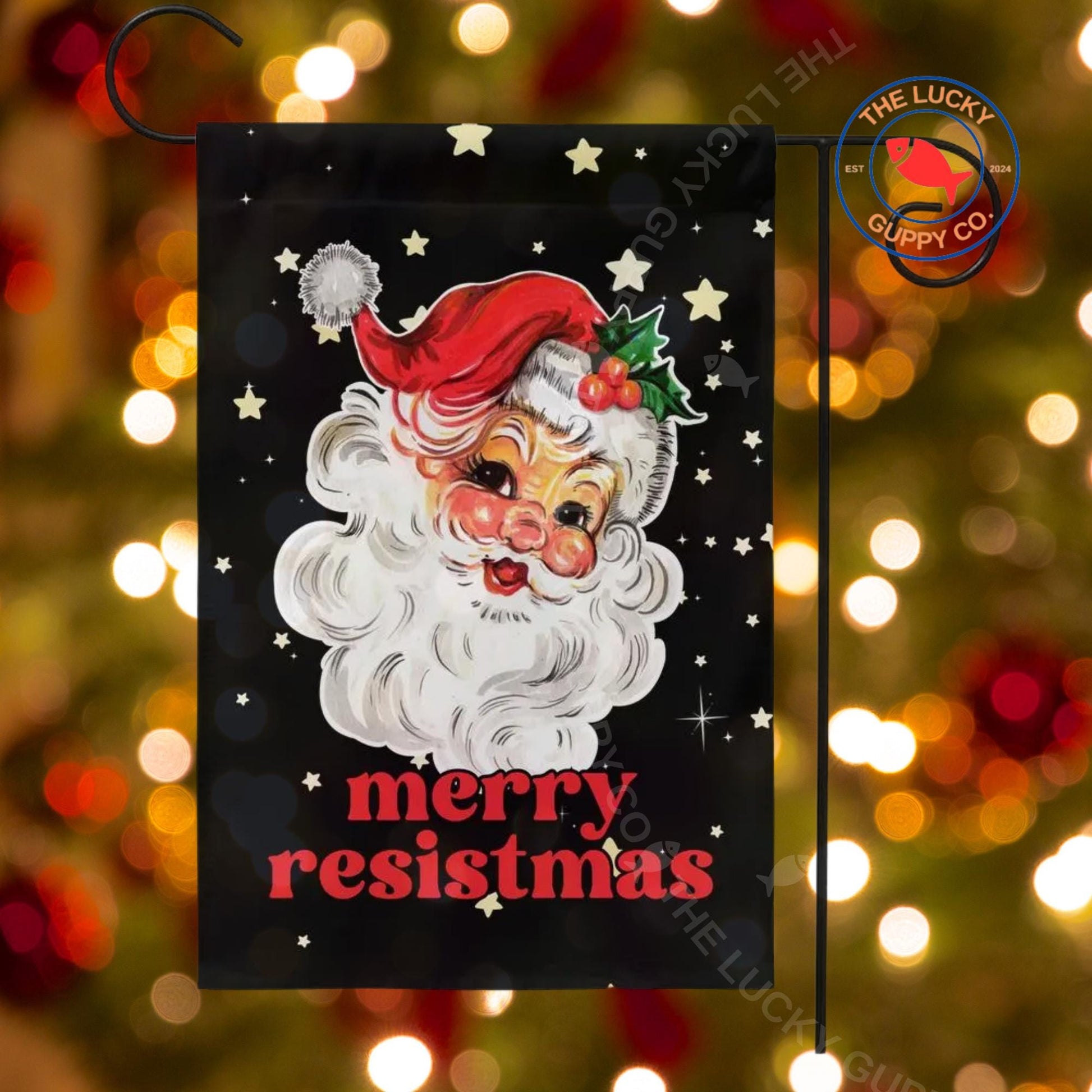 Merry Resistmas Retro Santa Garden Flag, All I Want for Christmas is Democracy, Holiday Lights Equal Rights, Jesus was a liberal immigrant
