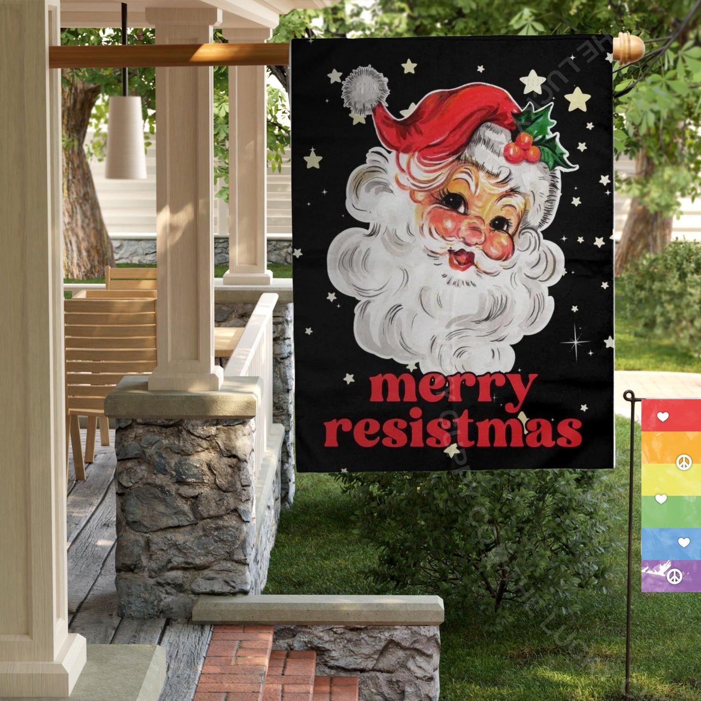 Merry Resistmas Retro Santa Garden Flag, All I Want for Christmas is Democracy, Holiday Lights Equal Rights, Jesus was a liberal immigrant