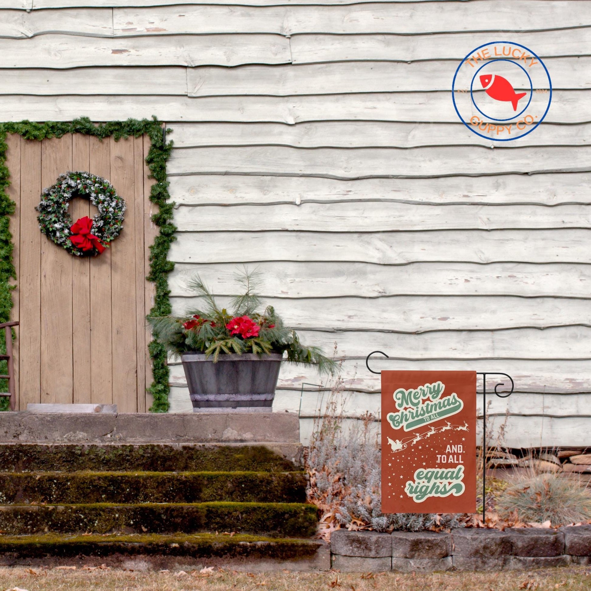 Merry Christmas to All and to All Equal Rights Garden Flag, Holiday Lights and Human Rights, Liberal Christmas Yard Sign, subtle FDT flag