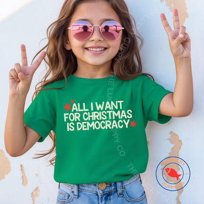 All I want for Christmas is Democracy Kids Shirt, Holiday Lights and Equal Rights TShirt, Family Christmas Shirts, Future Democrat Voter