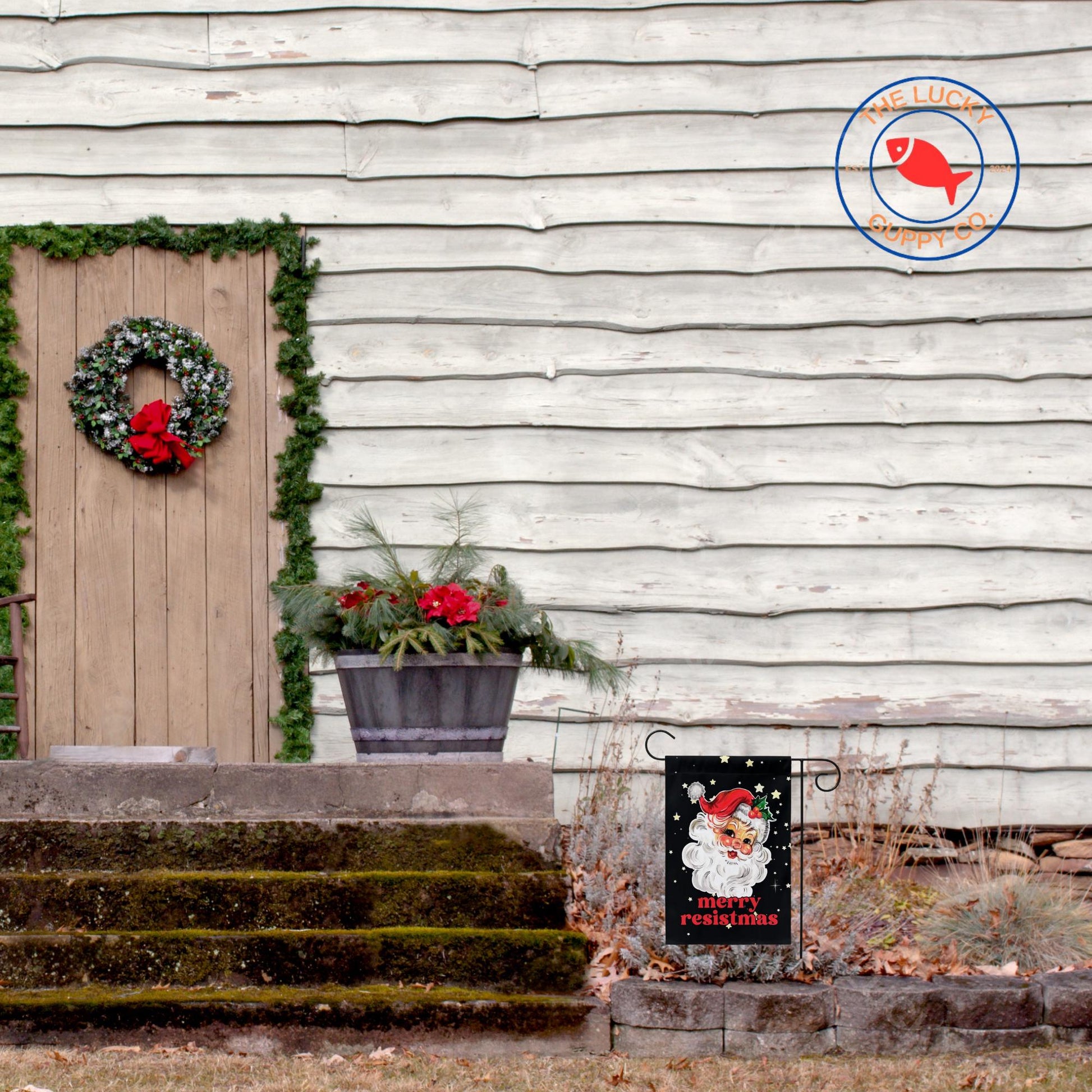 Merry Resistmas Retro Santa Garden Flag, All I Want for Christmas is Democracy, Holiday Lights Equal Rights, Jesus was a liberal immigrant