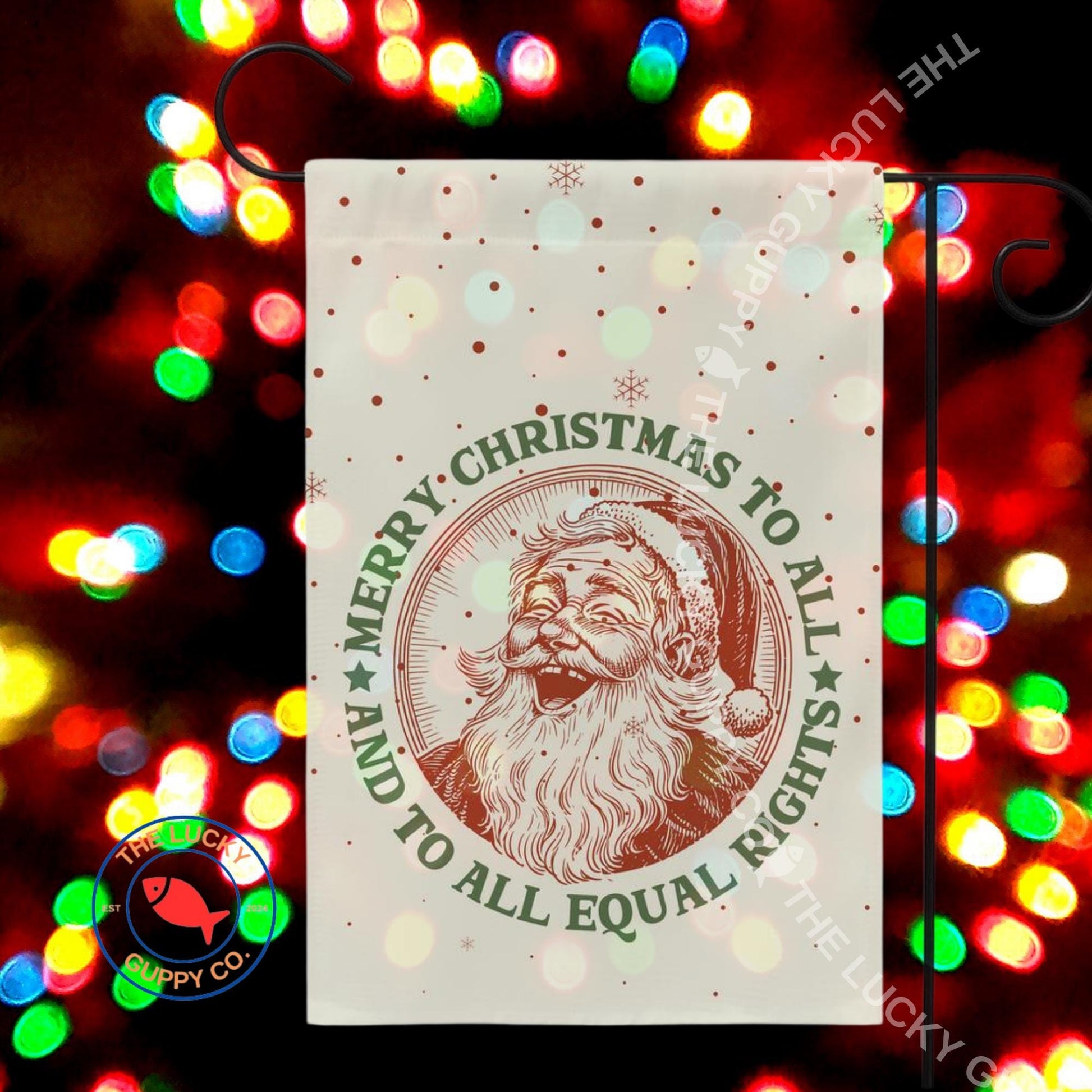 Merry Christmas to All and to All Equal Rights Laughing Santa Garden Flag, Holiday Lights and Human Rights, Liberal Christmas Yard Sign, FDT