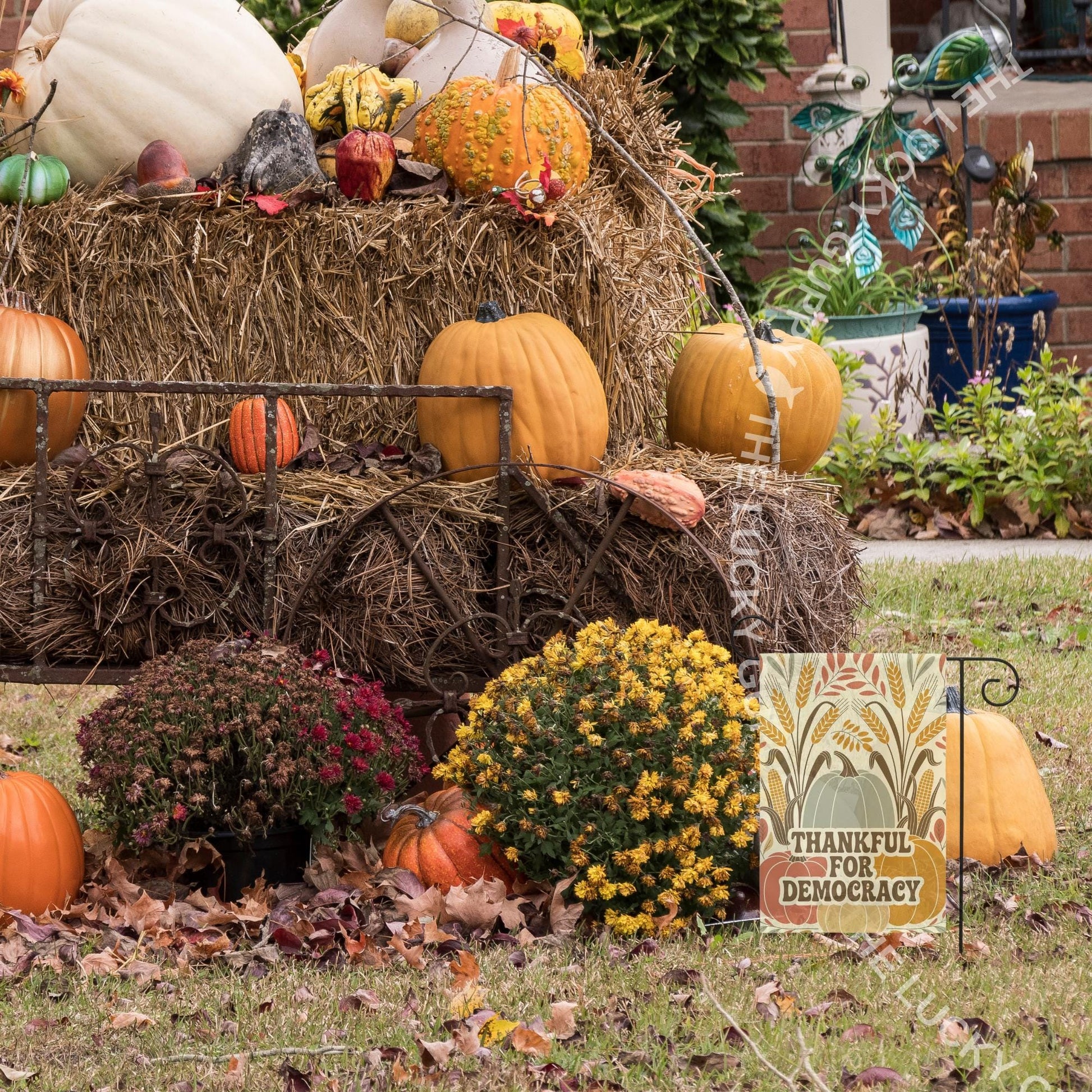 Thankful For Democracy Autumn Garden Flag, Smash the Patriarchy, Liberal Fall Outdoor Yard Decoration, Defend the Constitution, Subtle FDT