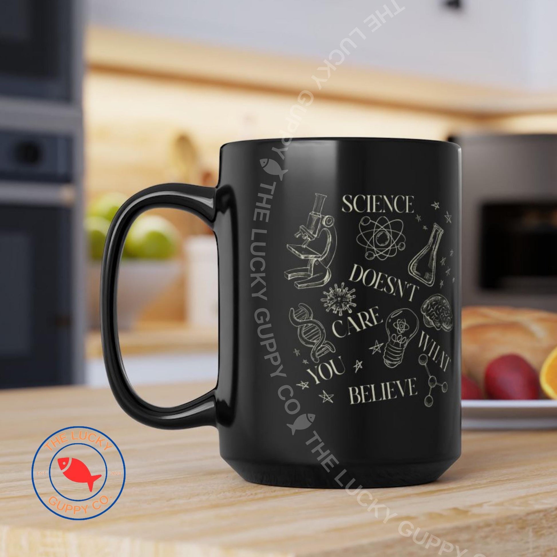 Science Doesn't Care Ceramic Coffee Mug: 15oz, Black Gloss Finish