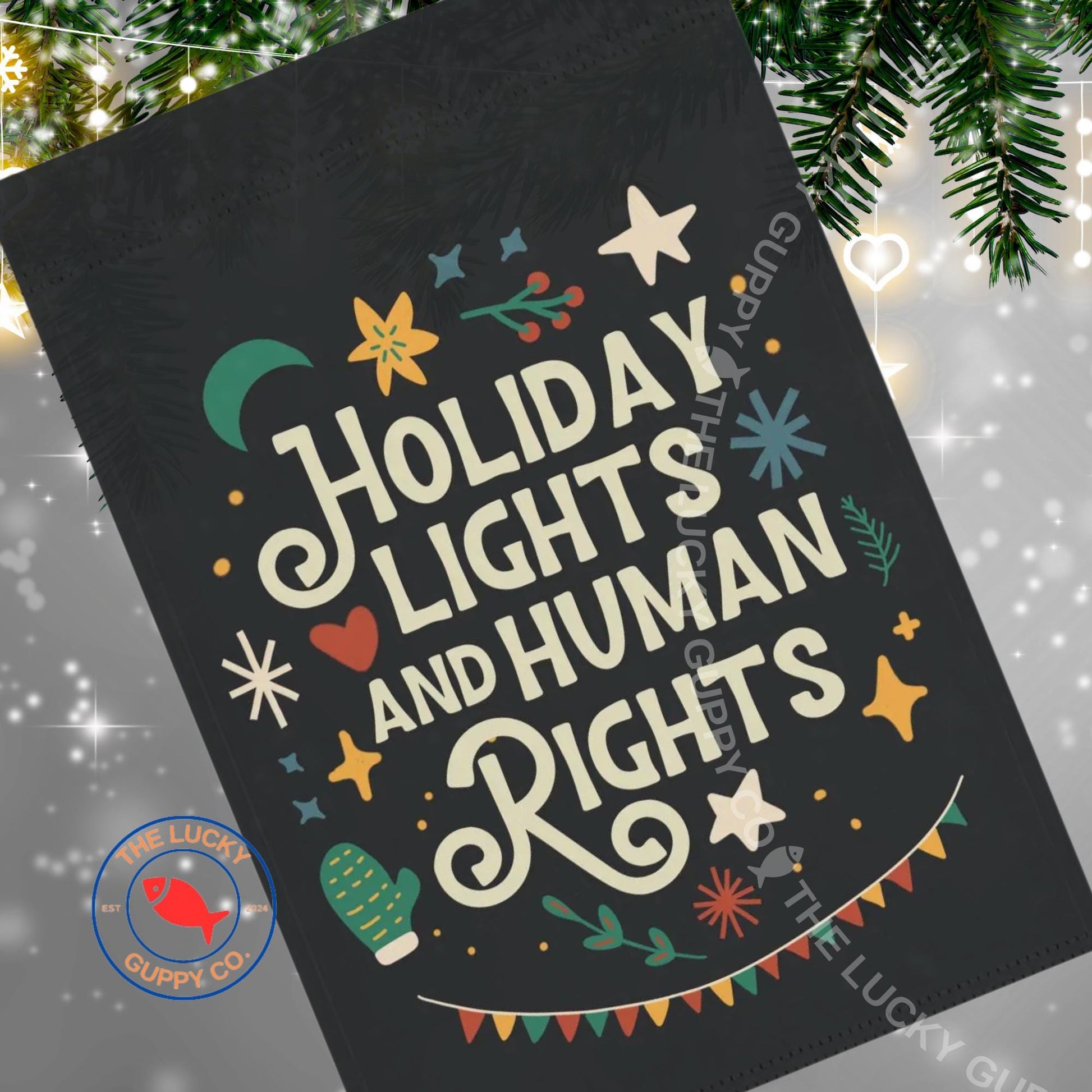 Holiday Lights and Human Rights Liberal Christmas Flag, Anti Trump Christmas Garden Flag, Rejoice in the Birth Woke Jesus Yard Sign, FDT