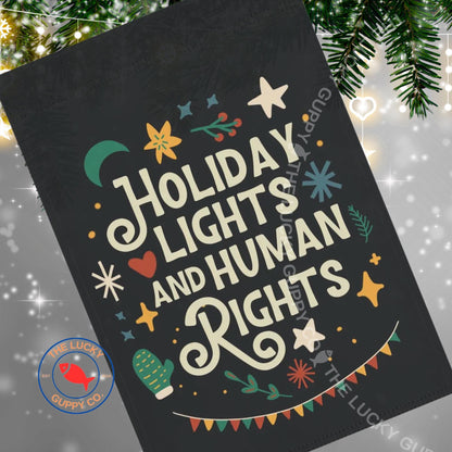 Holiday Lights and Human Rights Liberal Christmas Flag, Anti Trump Christmas Garden Flag, Rejoice in the Birth Woke Jesus Yard Sign, FDT
