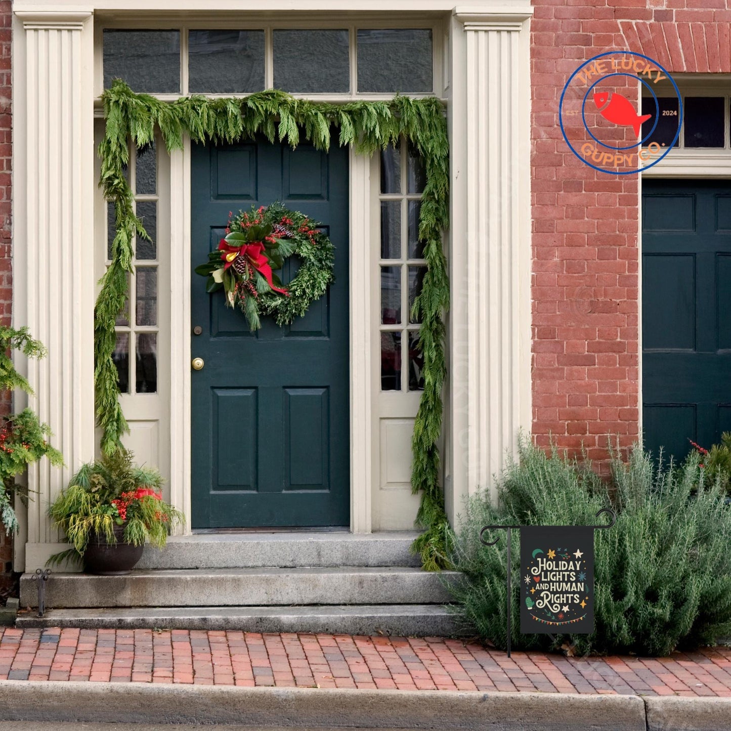 Holiday Lights and Human Rights Liberal Christmas Flag, Anti Trump Christmas Garden Flag, Rejoice in the Birth Woke Jesus Yard Sign, FDT