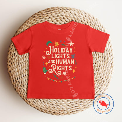 Holiday Lights and Human Rights Youth T-Shirt, Liberal Kids Shirt, LGBTQ Christmas, Toddler Social Justice Shirt, Make Good Trouble Shirt