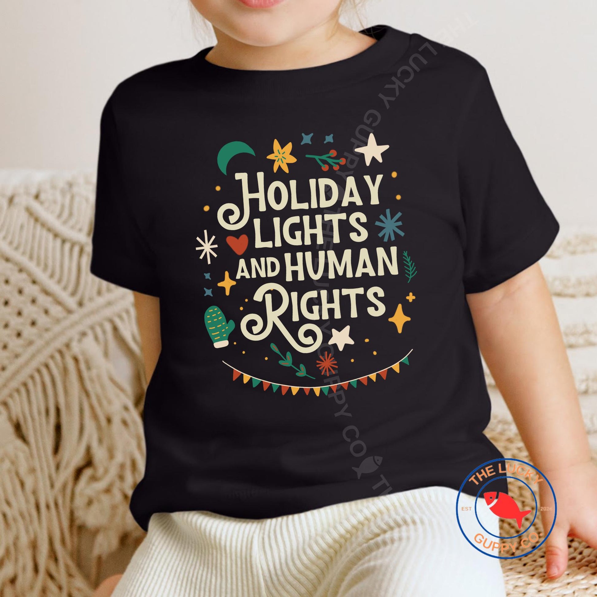 Holiday Lights and Human Rights Youth T-Shirt, Liberal Kids Shirt, LGBTQ Christmas, Toddler Social Justice Shirt, Make Good Trouble Shirt