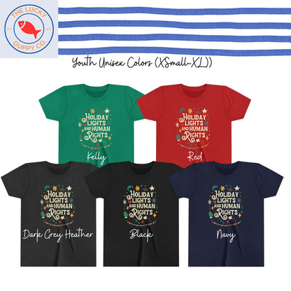 Holiday Lights and Human Rights Youth T-Shirt, Liberal Kids Shirt, LGBTQ Christmas, Toddler Social Justice Shirt, Make Good Trouble Shirt