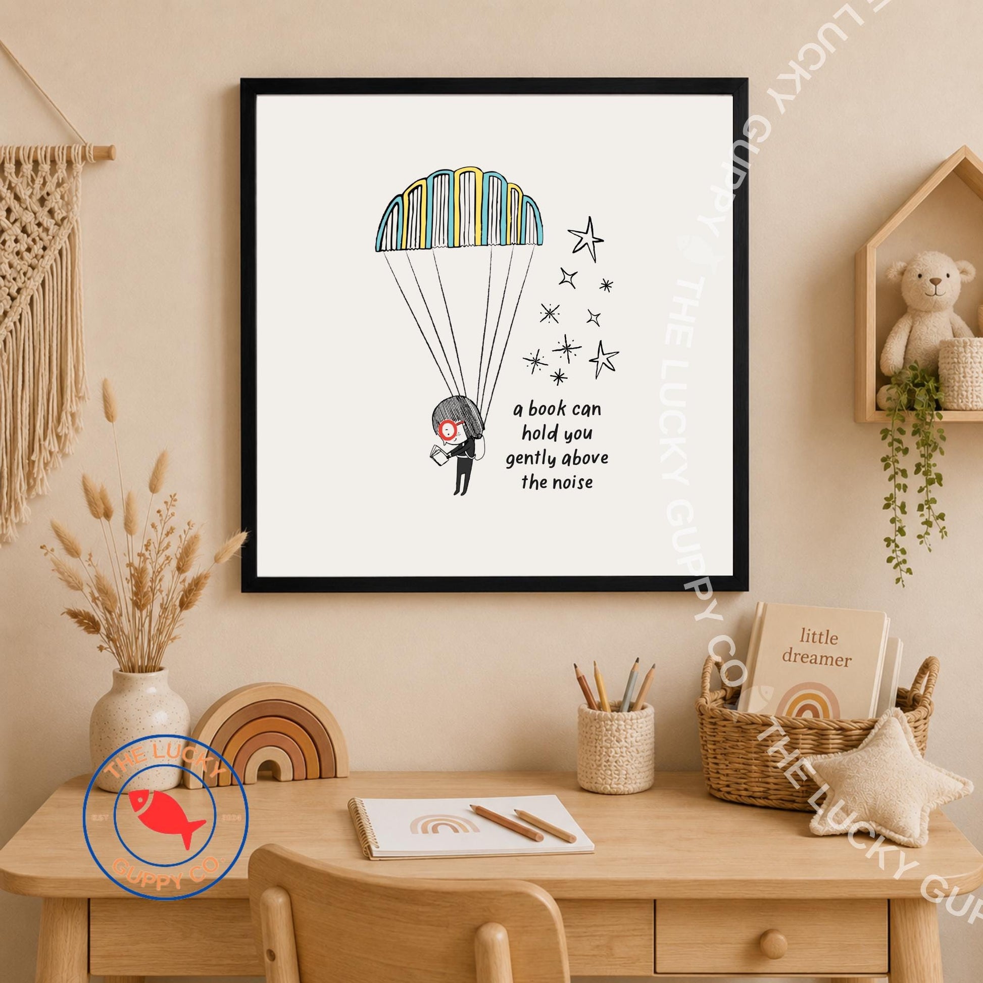 Whimsical Reading Children's Wall Art: Read Books and Grow Knowledge, Coordinated Reading Art (Physical Print)