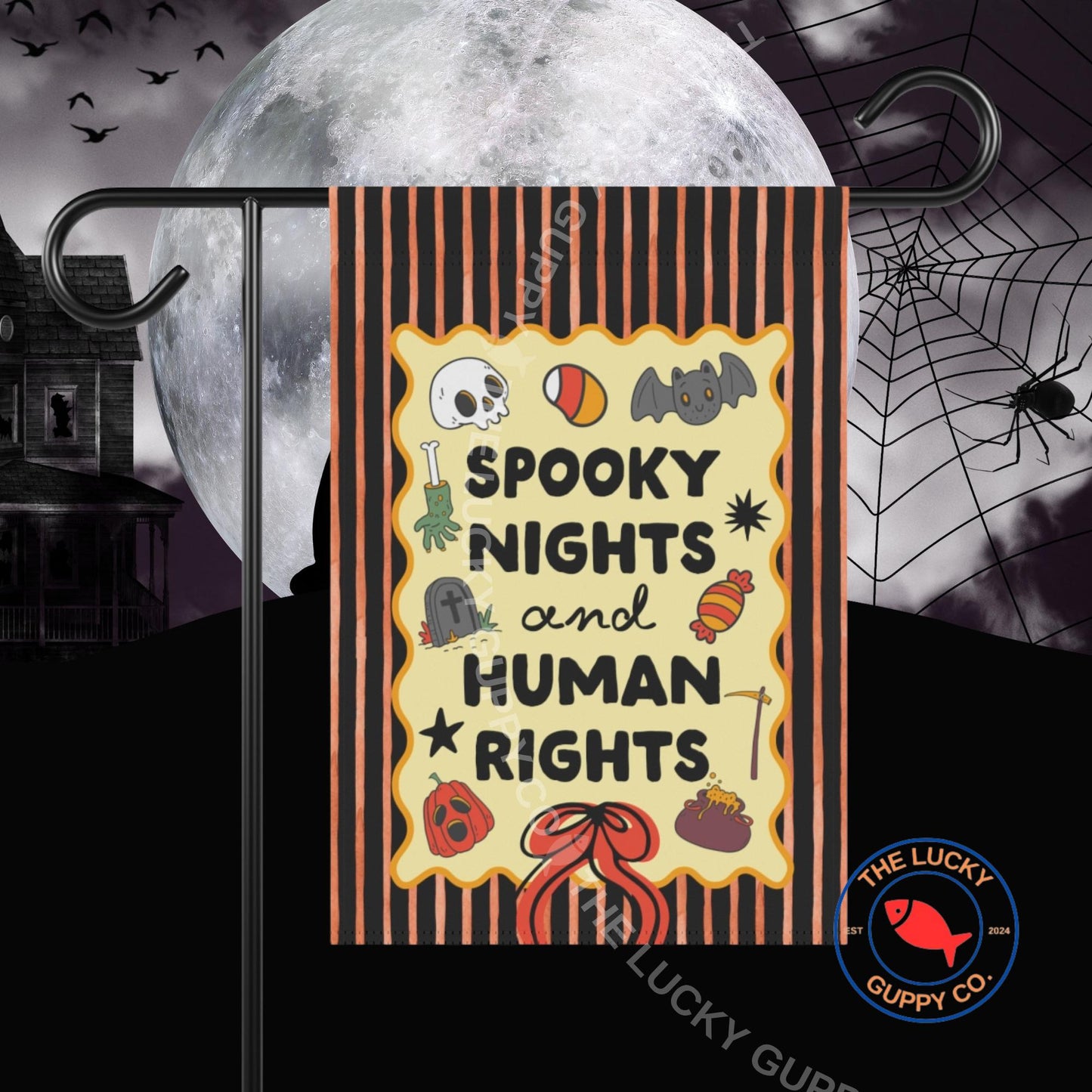 Spooky Nights and Human Rights Garden Flag: Liberal Halloween Decor, Anti Trump Fall House Flag
