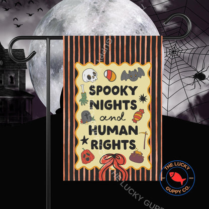 Spooky Nights and Human Rights Garden Flag: Liberal Halloween Decor, Anti Trump Fall House Flag