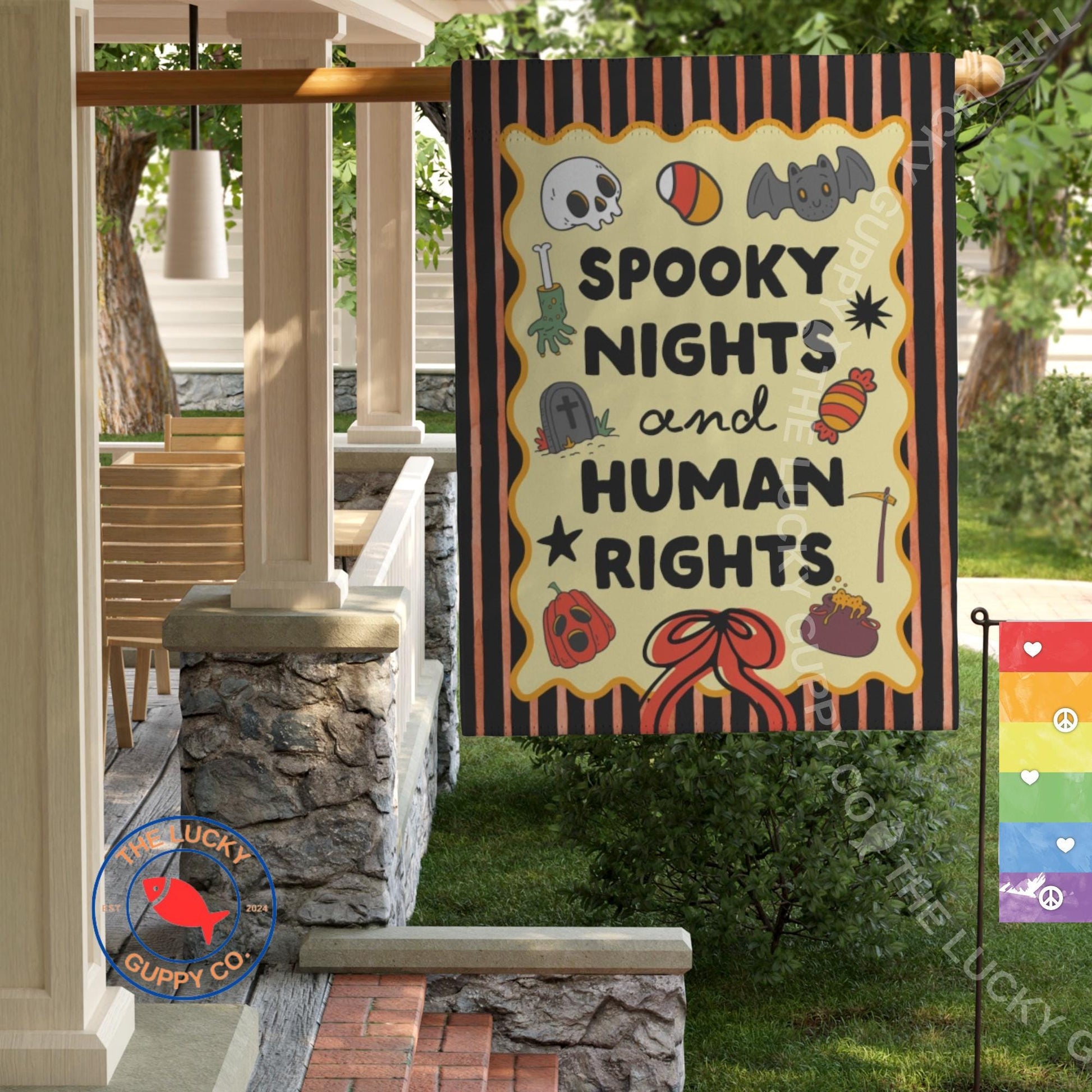 Spooky Nights and Human Rights Garden Flag: Liberal Halloween Decor, Anti Trump Fall House Flag