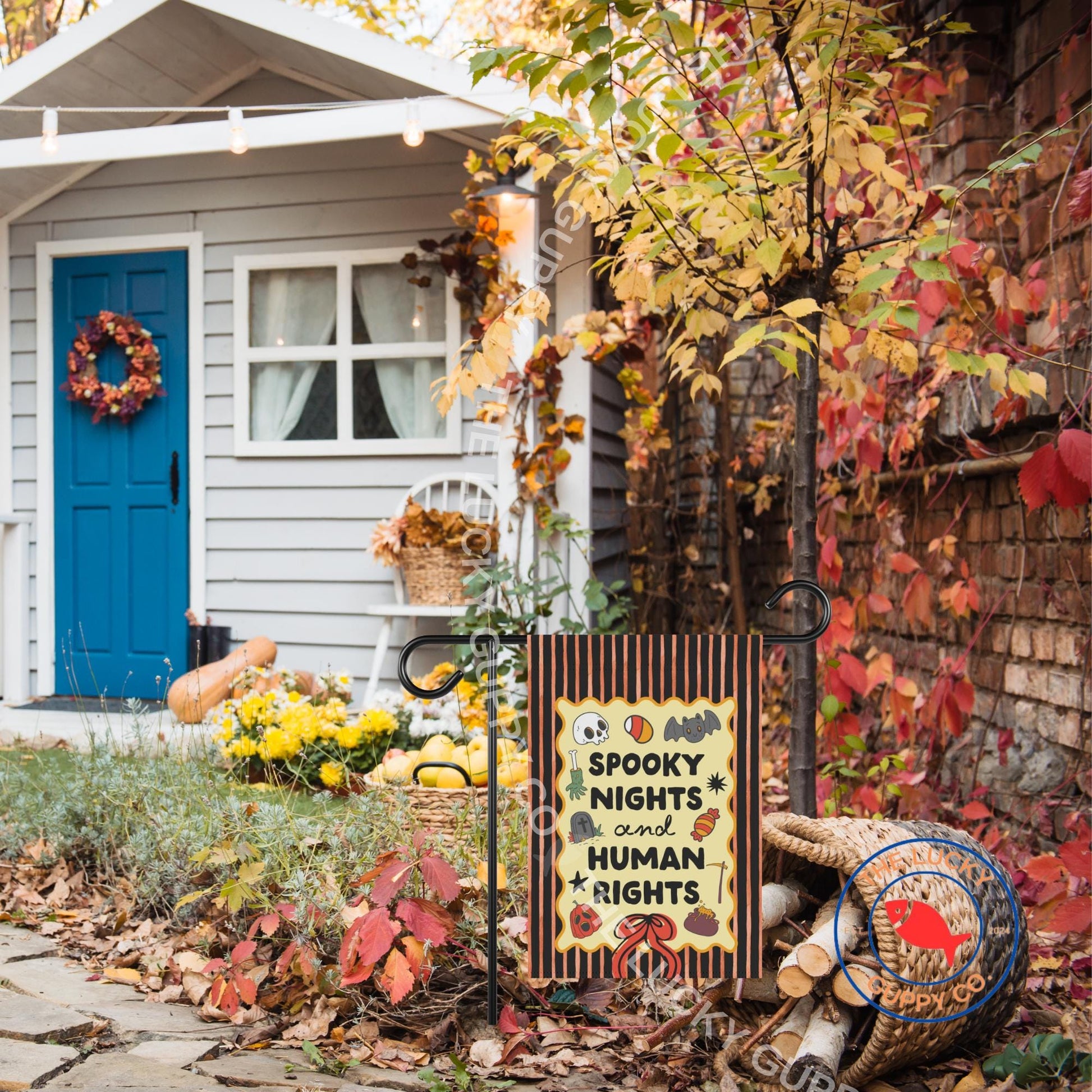 Spooky Nights and Human Rights Garden Flag: Liberal Halloween Decor, Anti Trump Fall House Flag